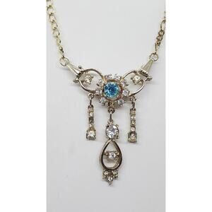 Vintage Necklace Or Brooch Gold with Blue & Clear Rhinestone Dangle RARE 1950s